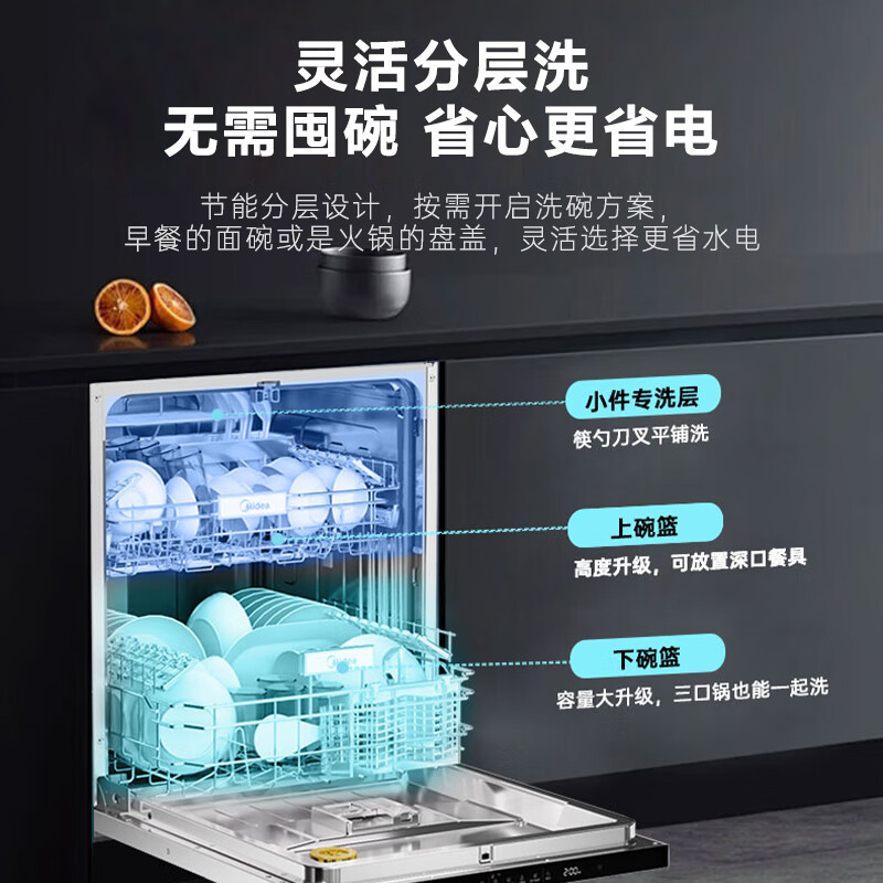 美的【随心换PX300Pro】16套 嵌入式洗碗机 变频五臂飓风洗 四星消毒 一键洗烘 UV杀菌105℃晶焰烘干
