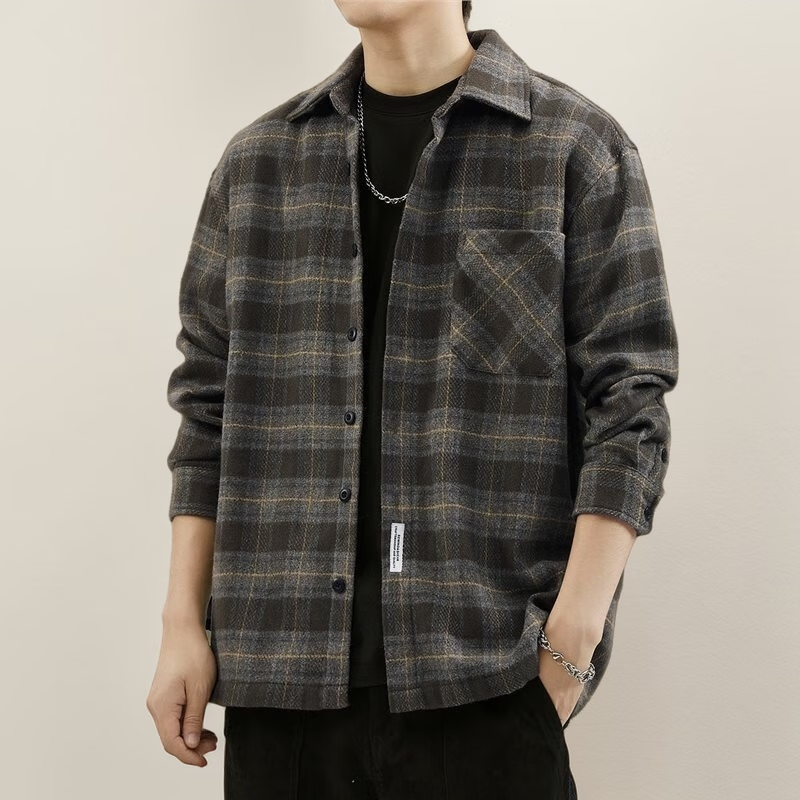 邦约恋人磨毛格子衬衣宽松休闲风青年上衣大码长袖衬衫美式重磅春夏外套男 灰色 Z956 L 建议126-140斤