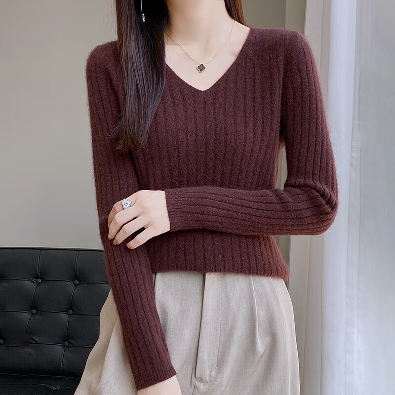 香影芬V领长袖针织衫女打底衫女套头洋气内搭毛衣女简约百搭纯色上衣 白色 M (建议95-105斤)
