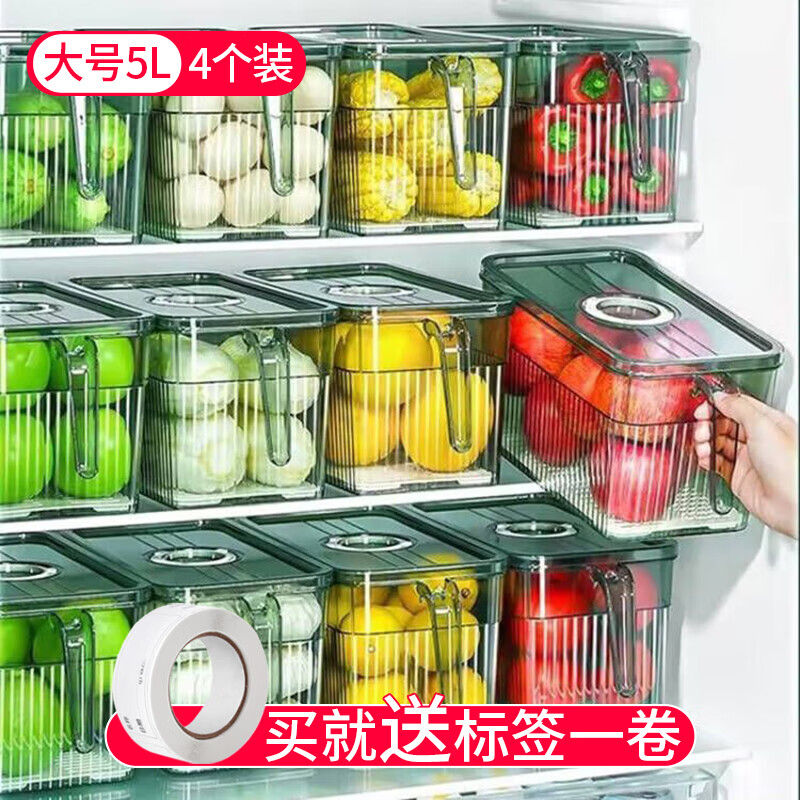 家の物语（KATEI STORY）大容量冰箱收纳盒食品级厨房蔬菜保鲜盒冷冻水果盒鸡蛋密封储物盒 透明绿实惠装 4件套 5L