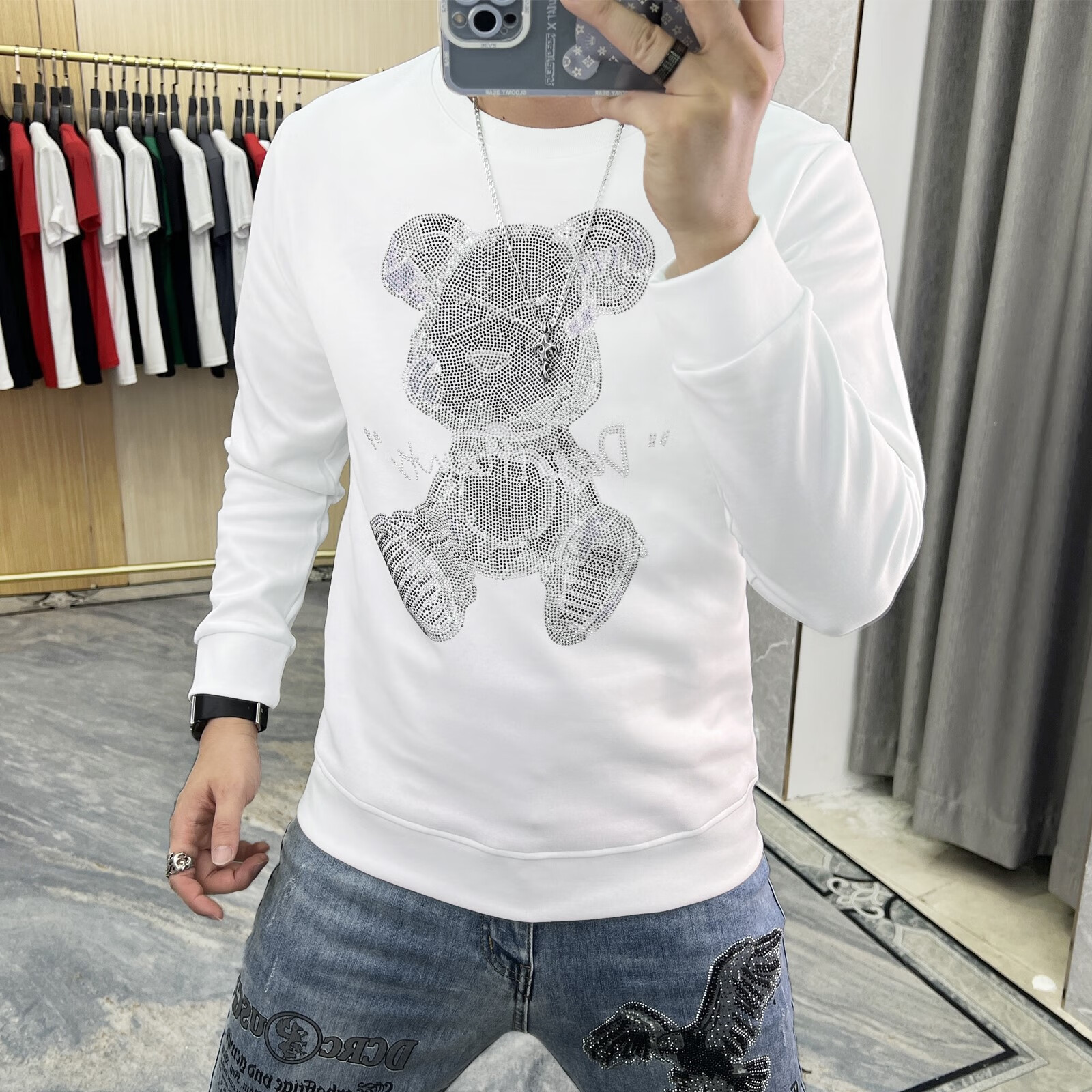 香港潮牌新款长袖体恤打底衫男上衣重工烫钻小熊卫衣时尚潮流男装