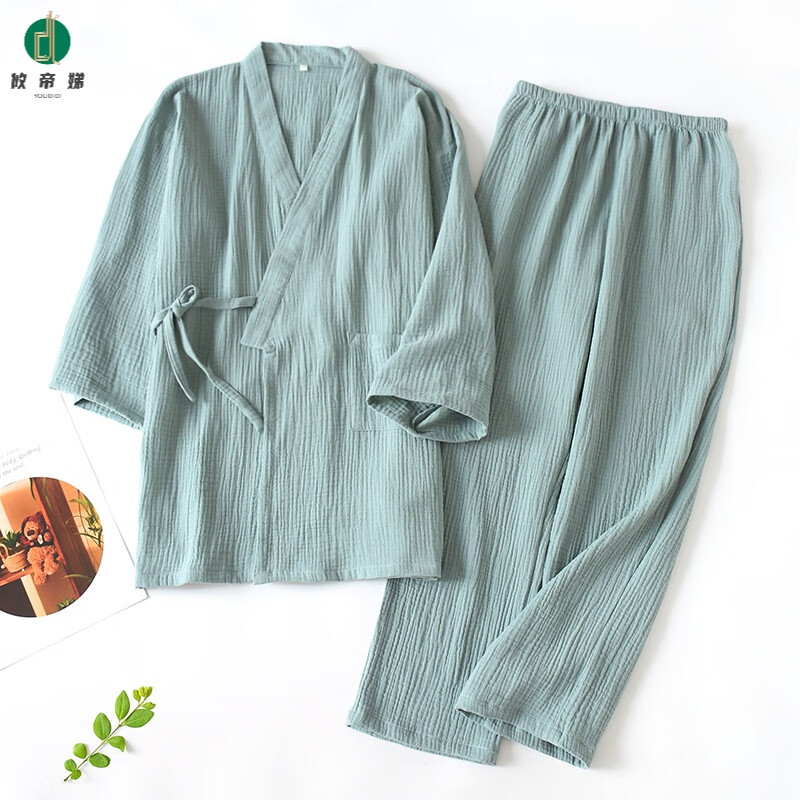 攸帝娣春夏薄款棉雙層紗布睡衣女日式和服浴衣男家居服和風開衫系帶 縐布和服長套-綠-女士 M