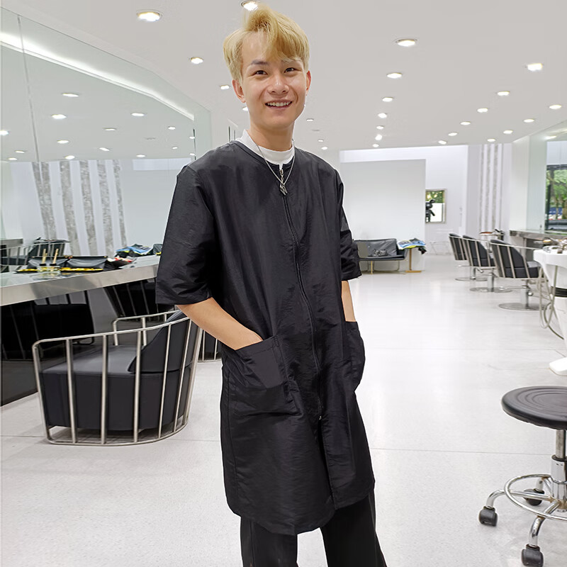 卡悠萊寵物美容師工作服不粘毛不沾發(fā)美發(fā)工作服發(fā)廊剪發(fā)大中小工服理髲 黑L中長中袖 約可穿120150斤
