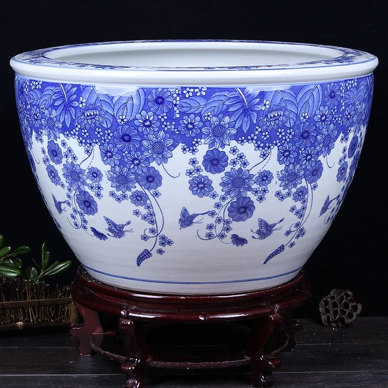 欧品缘特景德镇陶瓷青花瓷器鱼缸大号风水鱼缸睡莲碗莲缸蝶恋花 平口