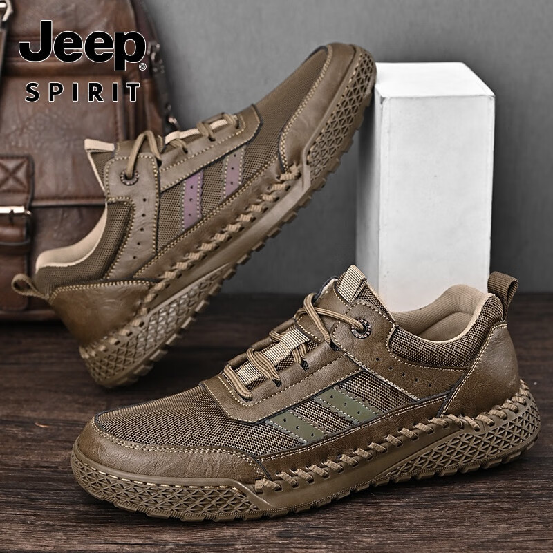 吉普（JEEP）新款户外休闲鞋夏季透气网布鞋登山徙步鞋手工缝制大码男鞋 8807 卡其 38 皮鞋码