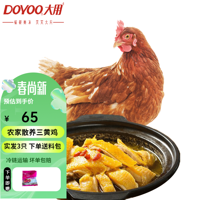 大用（DOYOO）鸡肉生鲜 整只新鲜走地鸡 农家散养土鸡五谷喂养滋补营养食材 三黄鸡850g