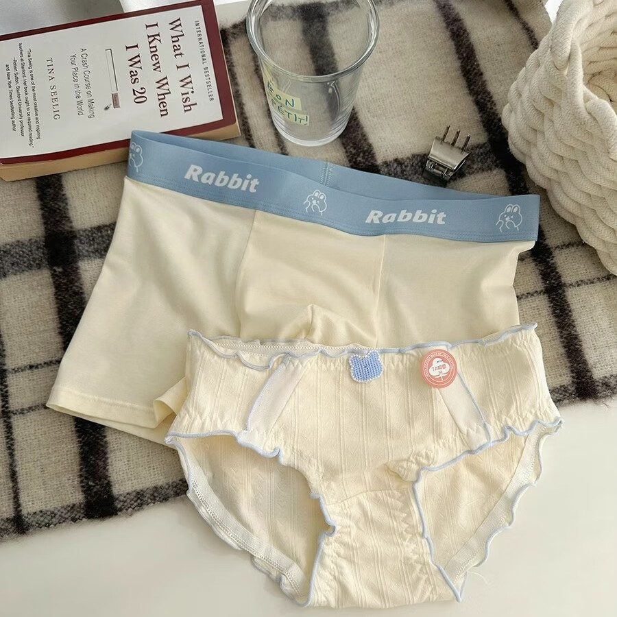 著福奶白小熊情侶內(nèi)褲可愛(ài)新款性感洛麗塔蕾絲鏤空一男一女短褲男內(nèi)褲 奶白小熊+純色兔 XL 男+L女