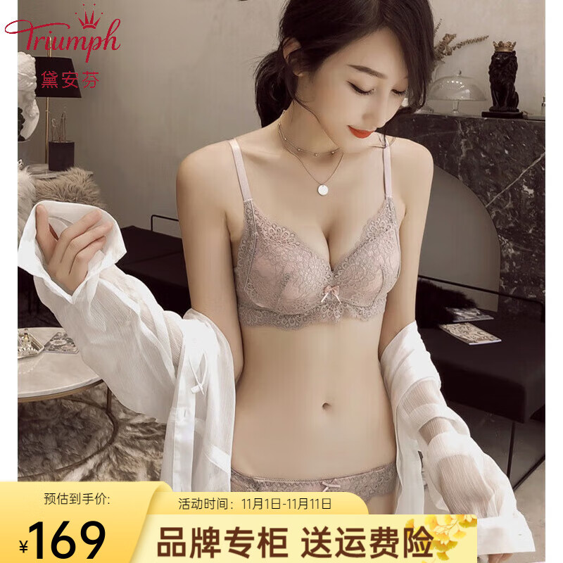 黛安芬（Triumph）官方店旗舰文胸套装无钢圈小胸聚拢性感蕾内衣 灰粉色 36/80B套装