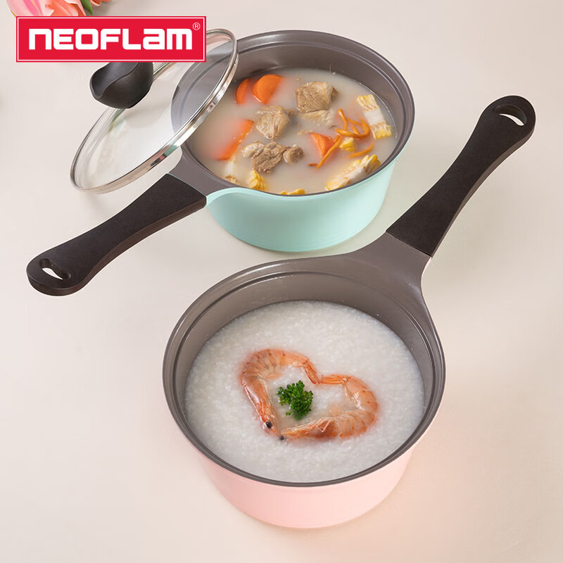 NEOFLAM奶锅陶瓷不粘锅婴儿煎煮一体小奶锅热牛奶锅泡面锅辅食锅家用 粉色【玻璃盖】 18cm