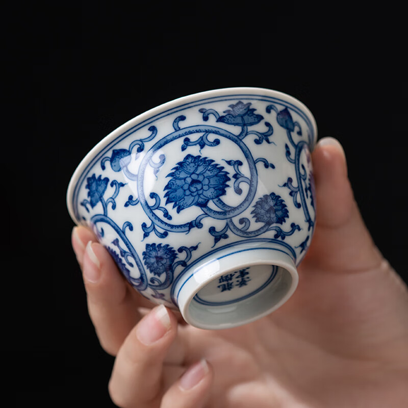 淘满堂景德镇茶具手工青花柴窑缠枝莲花主人杯手绘陶瓷压手杯高档礼品