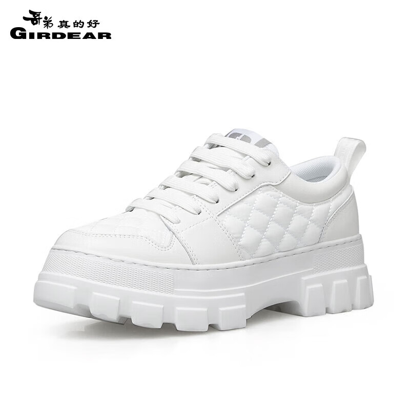 哥弟真的好女鞋厚底牛皮拼布绑带小香菱格低帮休闲鞋厚底鞋ax12229 白