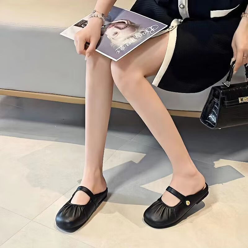 福虹辰2026春季新款外穿百搭平底单鞋女软底豆豆鞋防滑乐福鞋玛丽珍Z 褶皱包头拖-白色 36 -37适合35-36