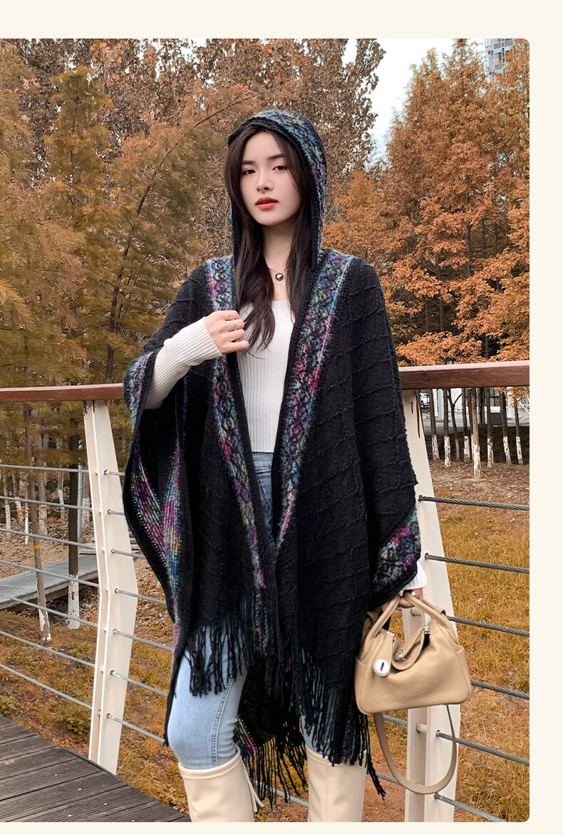 槿城民族风连帽披肩彩色双面菱格外搭针织围巾旅游拍照披风保暖斗篷女