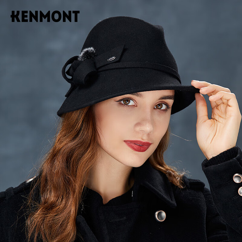 卡蒙（Kenmont）黑色呢子复古帽子女秋冬欧美小礼帽英伦爵士帽全羊毛毡帽保暖2783 黑色 可调节(57cm)