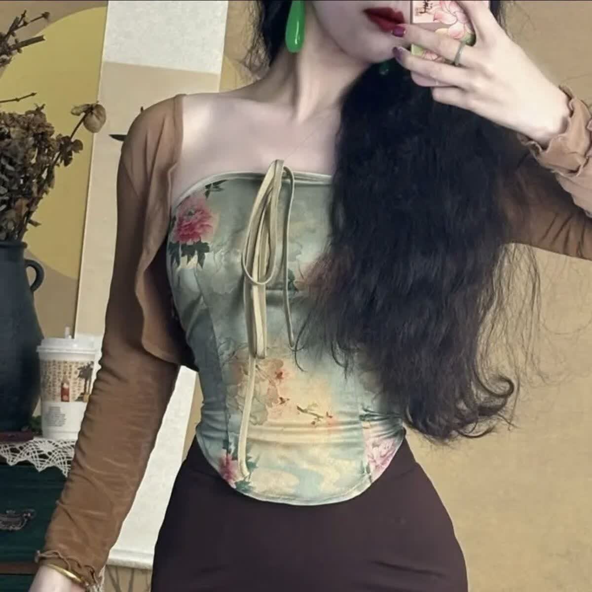 GEEZORO设计大码夏秋冬季新中式复古国风性感肚兜抹胸背心挂脖女保暖护胃 深绿拼棕 L 【建议90-120斤】