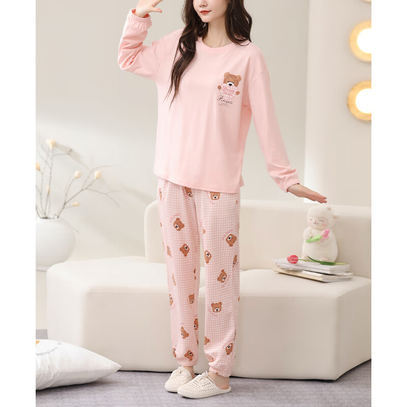 芬腾睡衣女春秋季纯棉长袖套头套装格子宽松休闲全棉加大码家居服 粉色 M 建议:90-110斤