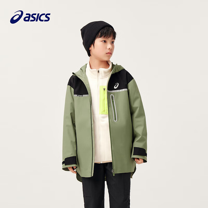 asics亚瑟士童装2025中大童冲锋衣中性款便服外套上衣微宽松版男童夹克 300绿色 170 cm