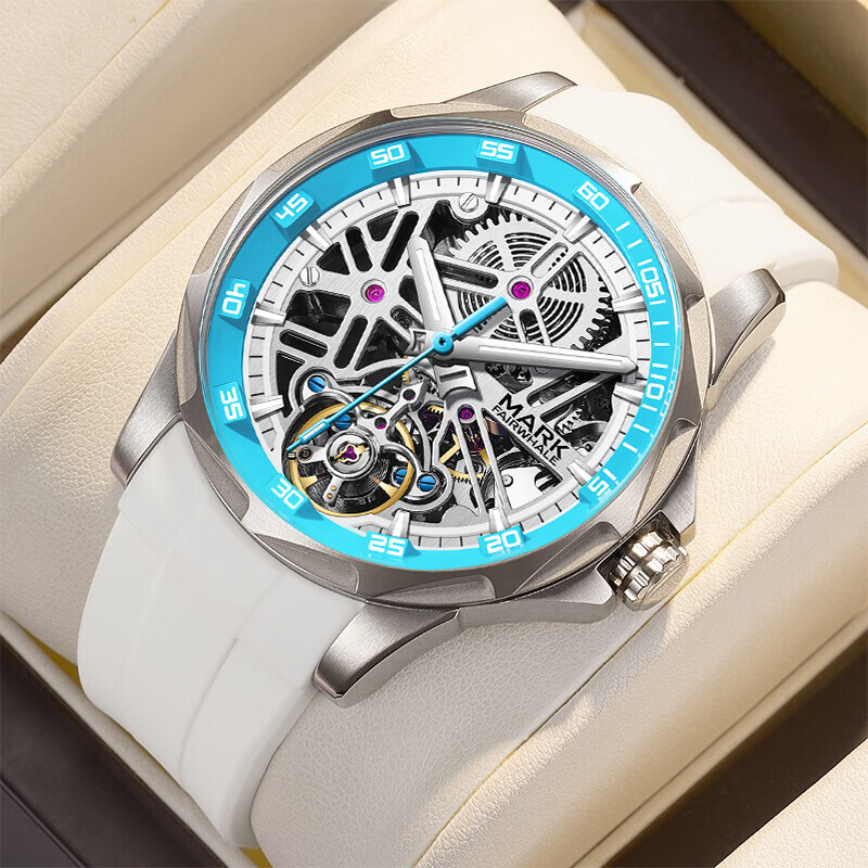 马克华菲（FAIRWHALE）手表男全自动机械表时尚镂空国表硅胶男士手表防水夜光国潮流腕表 银壳白面胶带【明星主推款】