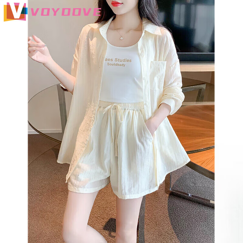 VOYDOVE夏裝搭配一整套防曬衣襯衫套裝女2025新款休閑襯衣吊帶短褲三件套 杏色 L 【建議110-125斤】