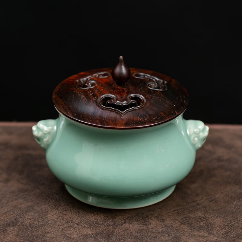 京峰阁 龙泉青瓷瓷木兽耳香炉摆件 黄柯仿古全手工陶瓷盘香檀香沉香熏