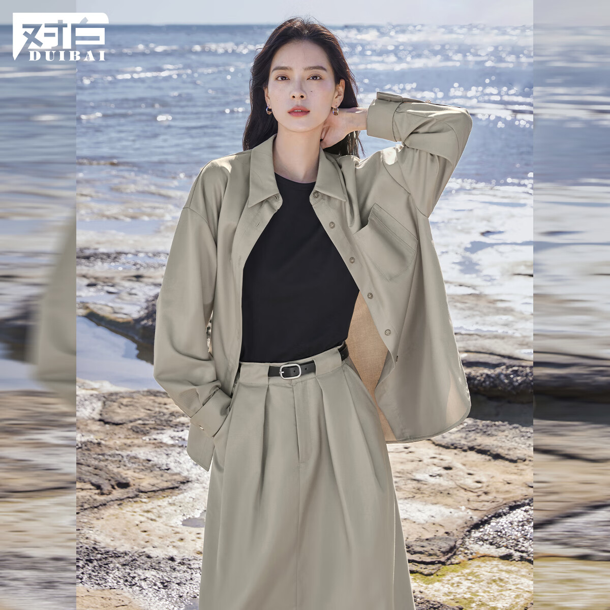 对白（DUIBAI）今年流行衬衫套装裙女2026春装新款宽松衬衣半身裙通勤两件套 灰卡其 L
