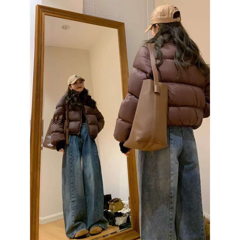 咚憬肯豆风短款棉服女2026冬季新款高腰加厚小个子美式复古立领棉袄衣 咖色 S