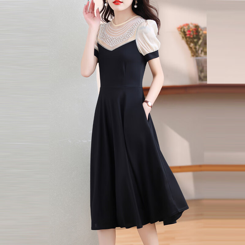 AEMAPE假两件连衣裙装2024夏季新款高级感时尚气质洋气百搭显瘦裙子 黑色 2XL