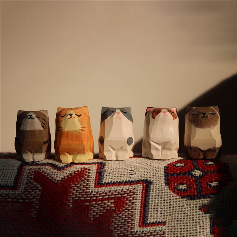 猫咪木雕小猫木制工艺品创意礼物手工雕刻 喵喵队 木制礼盒装