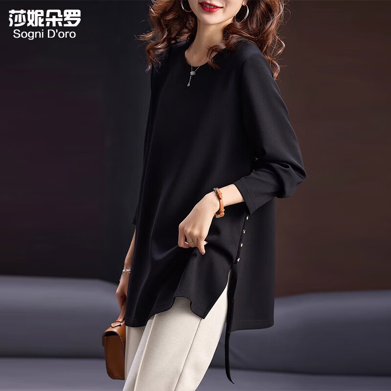 莎妮朵罗大码打底衫T恤女2025早春新款圆领上衣时尚休闲女装胖mm上衣20127 黑色 3XL建议150-170斤穿着