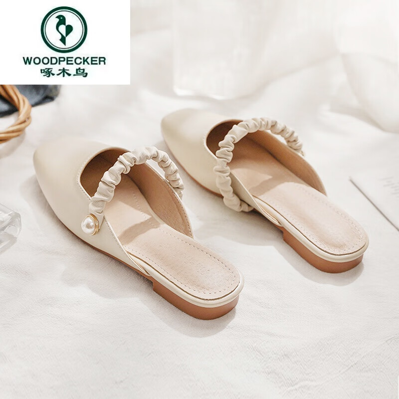 啄木鸟2024年夏季新款网红无后跟懒人鞋方头平底玛丽珍包头半拖鞋女外