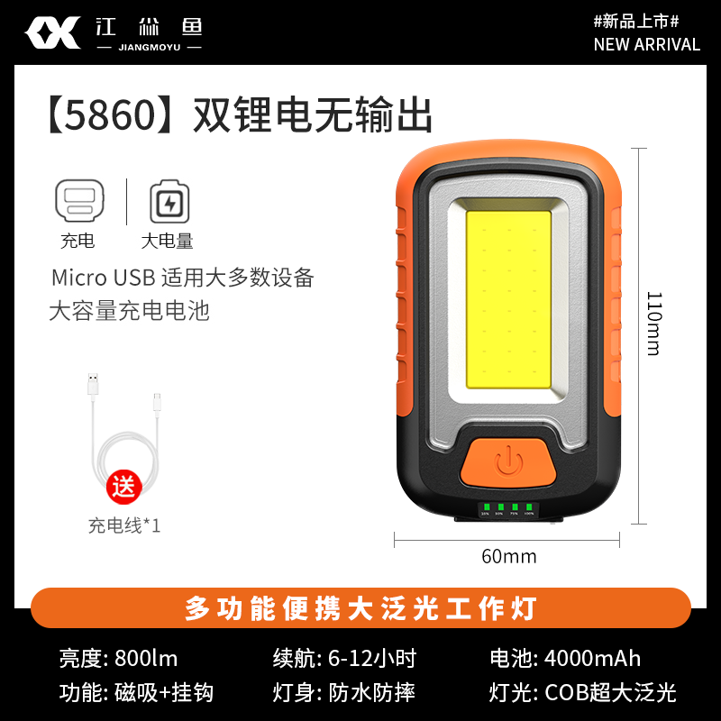 江尛鱼磁吸工作灯长续航汽修维修全地形强光露营灯充电营地灯照明灯户外 双锂电6-12小时磁吸强光 背部自带支架挂钩一灯多用
