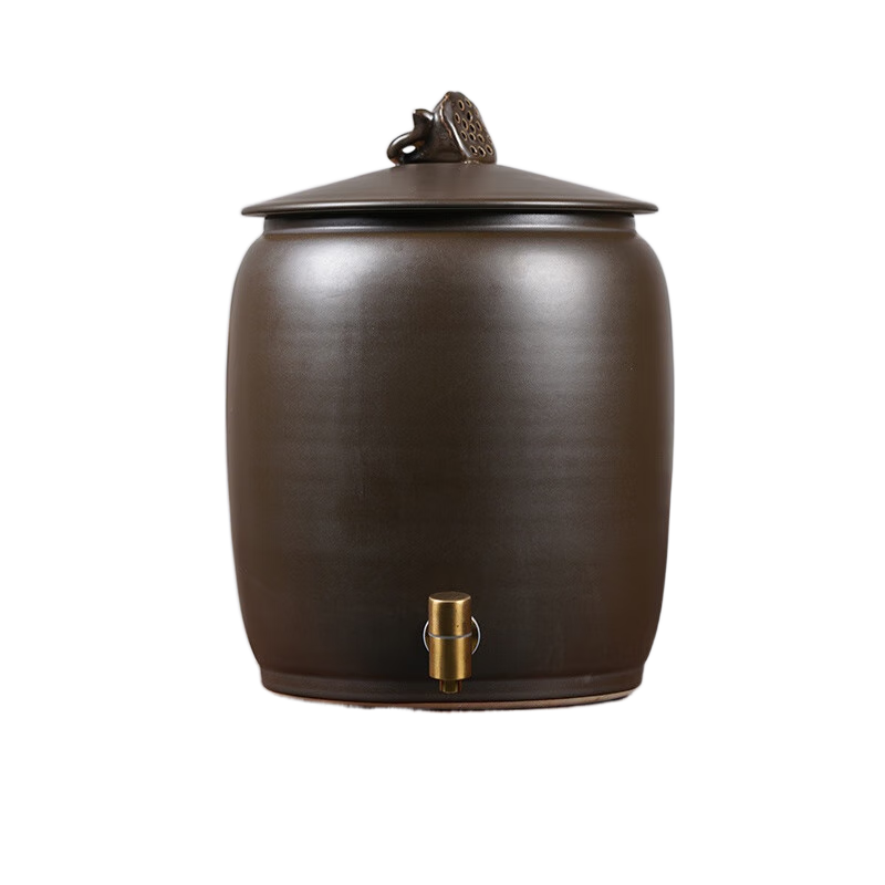 愷盛景德鎮(zhèn)陶瓷水缸家用泡茶儲(chǔ)水罐帶龍頭20斤30斤茶罐抽水缸茶室水桶 20斤褐色蓬蓽生輝-(送底座)