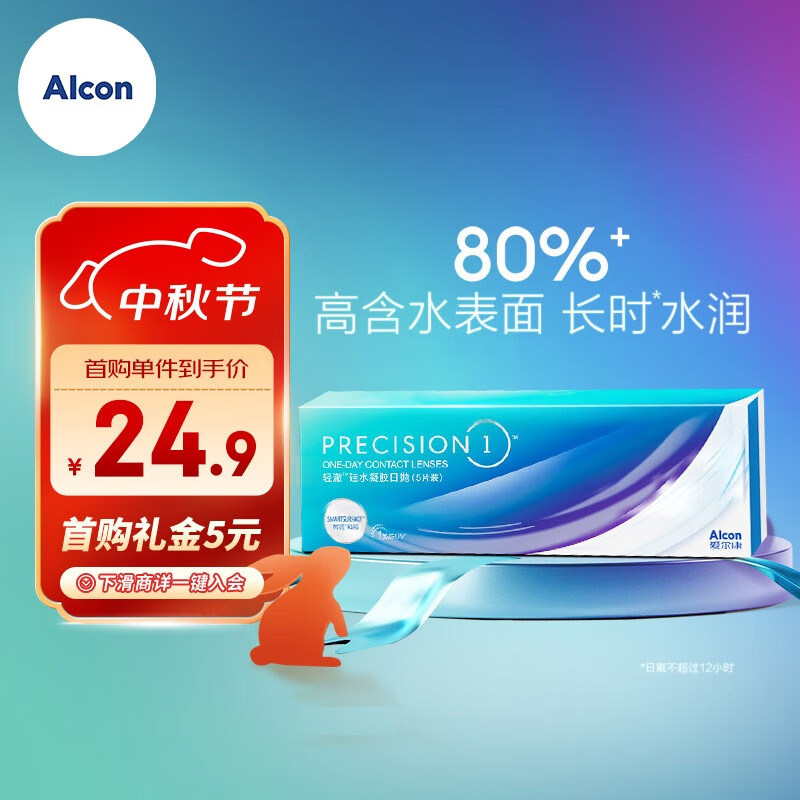 【新客专享】爱尔康视康 进口硅水凝胶防UV隐形眼镜轻澈水润 日抛非散光非水梯度 5片装 450度