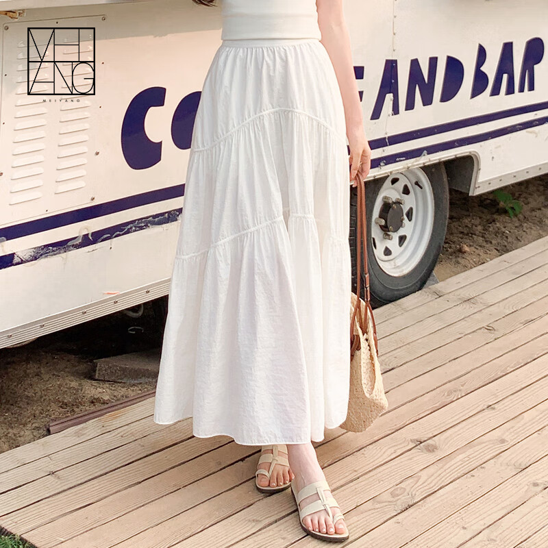 美洋（MEIYANG）黑森林防晒半身裙 UPF80+防蚊|褶皱拼接休闲蛋糕长裙 白色 M