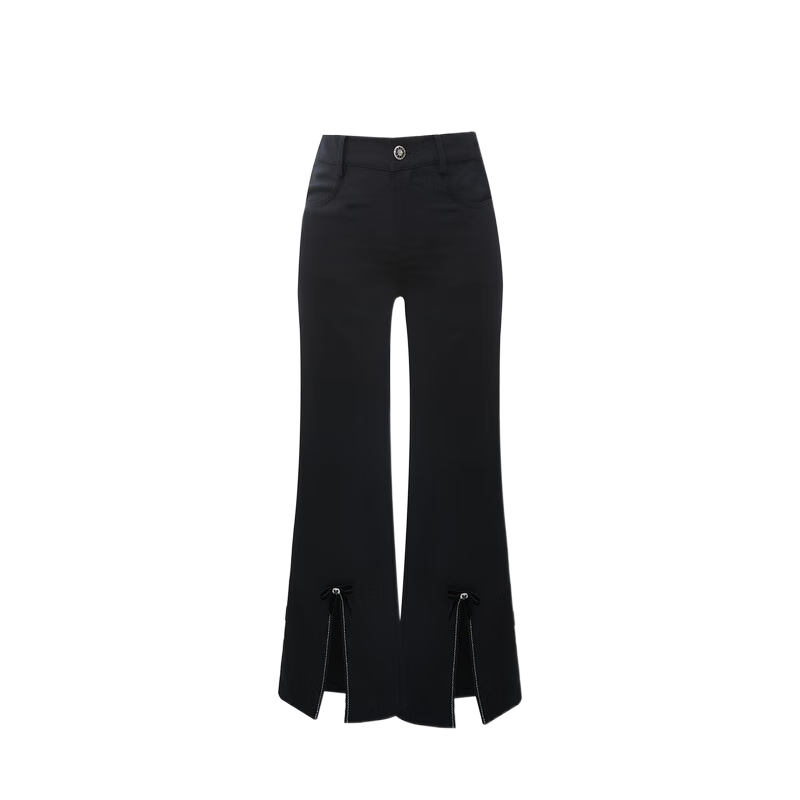 LULUALWAYS【商场同款】24夏季新款黑色显瘦开衩蝴蝶结长裤休闲裤 黑色 S5075元拍5件(合1015元/件)