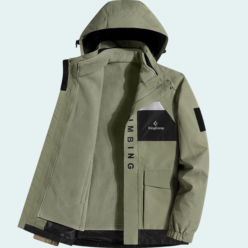 kingcamp冬季户外三合一冲锋衣男可脱卸2023新款防风登山衣服 陆军绿