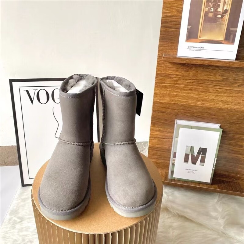 ugglyugg冬雨高筒雪地靴皮毛一体经典时尚潮流百搭东北棉鞋 灰色 35