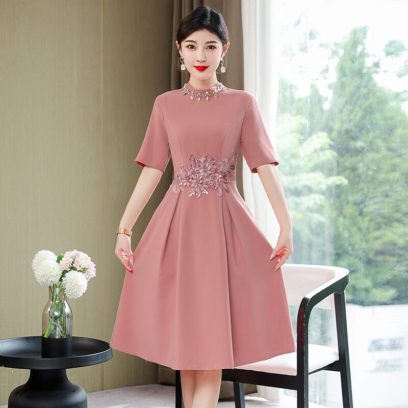 大气小个子小个子年轻款改良旗袍夏季妈妈 单件:粉红色(短)[大码贵妇