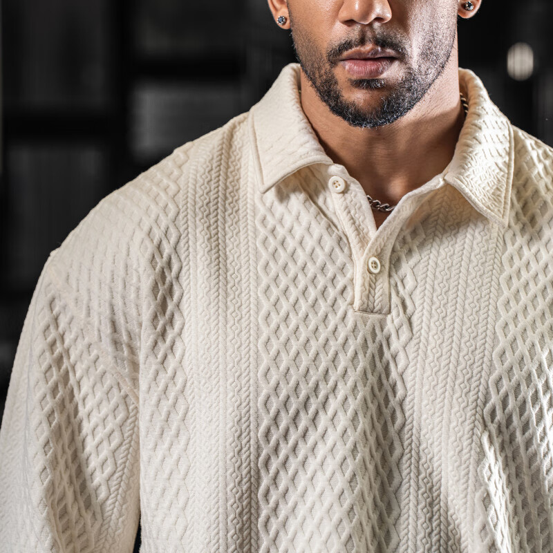 BD.POWER UP+秋季肌理感polo翻领长袖卫衣男健身大码运动简约宽松打底衫上衣 米色 L 75-85kg