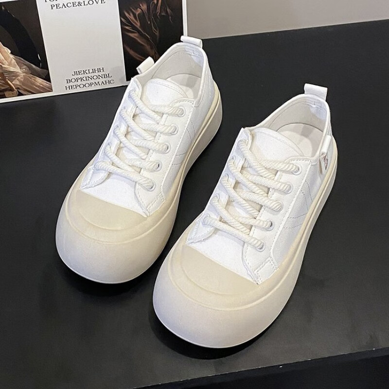 赛丽薇帆布鞋女鞋厚底增高小白鞋男女款夏季透气开口笑布鞋时尚交叉