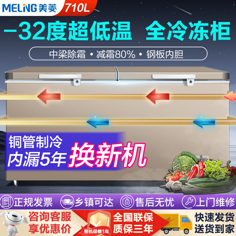 美菱【全新上市 銅管制冷】大容量家商雙用冰柜冷藏冷凍轉(zhuǎn)換單溫冷柜一級(jí)能效鋼板內(nèi)膽低溫海鮮茶葉 【銅管制冷 一級(jí)能效】 710L 帶減霜