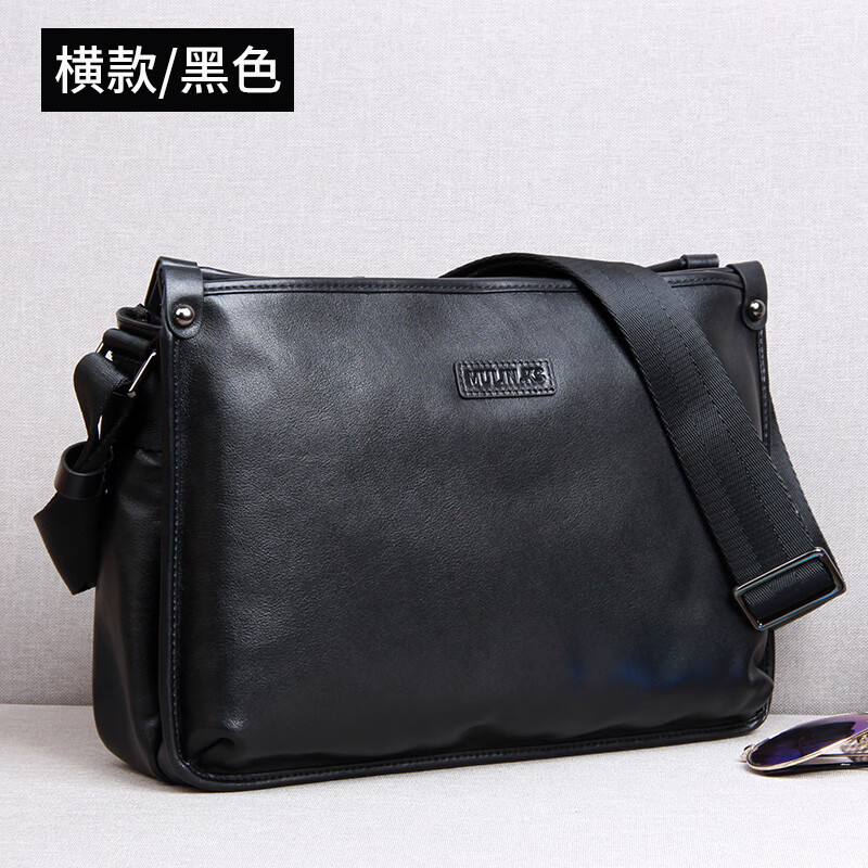 古木邻品牌男士横款单肩包休闲斜挎包时尚大容量商务包包 黑色-横款