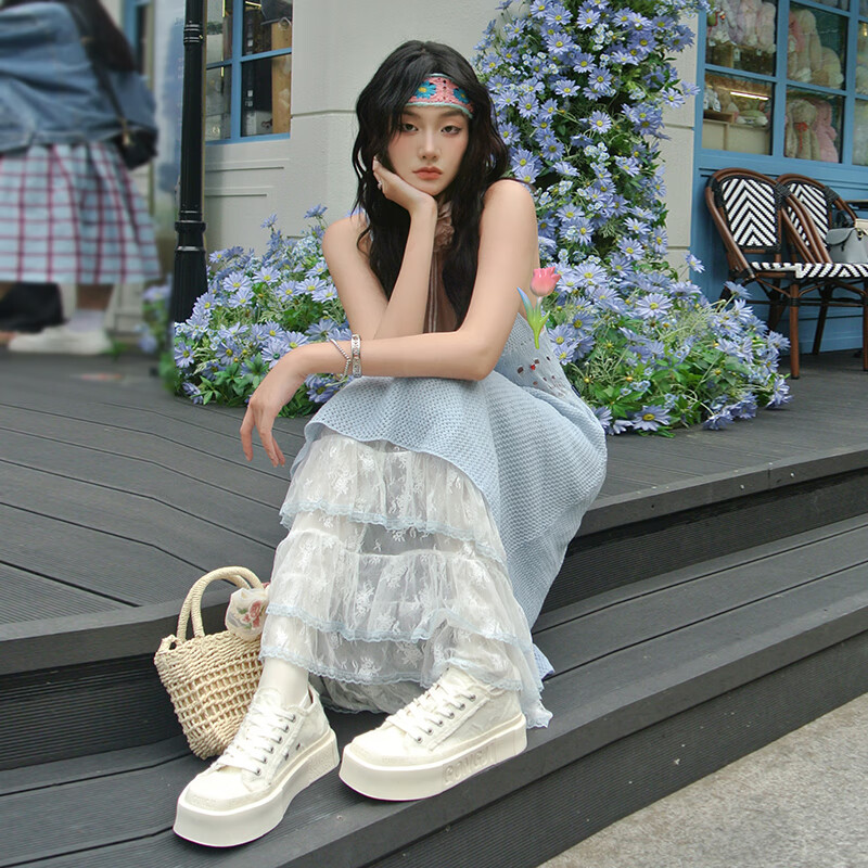 共迹gongji【于文文同款】25秋季新款女鞋方头帆布鞋厚底增高小白鞋休闲板鞋 象牙白 /偏大一码 35 （228mm）