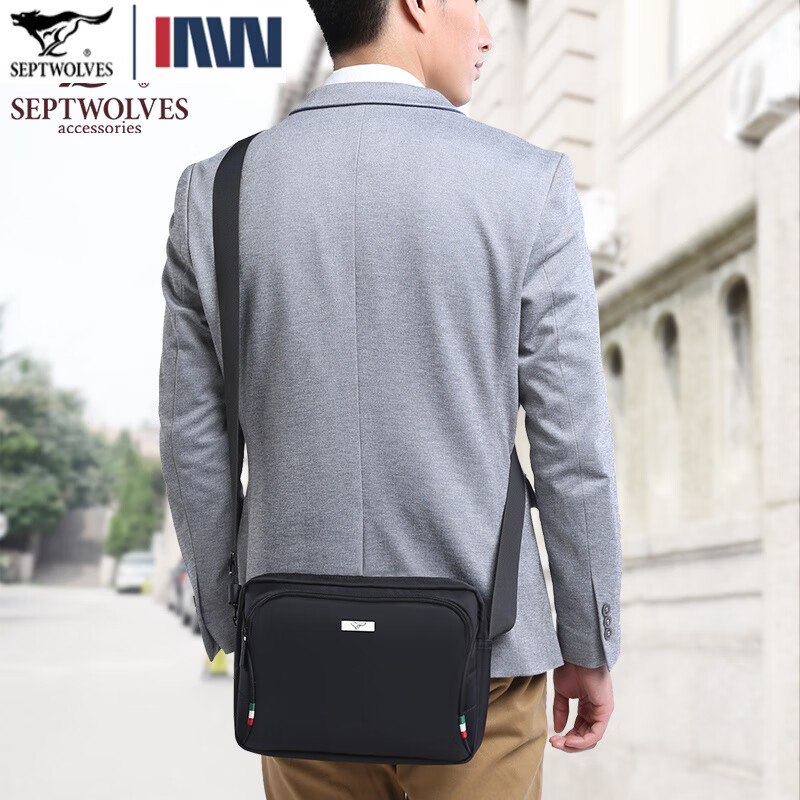 七匹狼单肩包男 牛津帆布包休闲横款运动单肩斜挎背包男包 款式八黑色