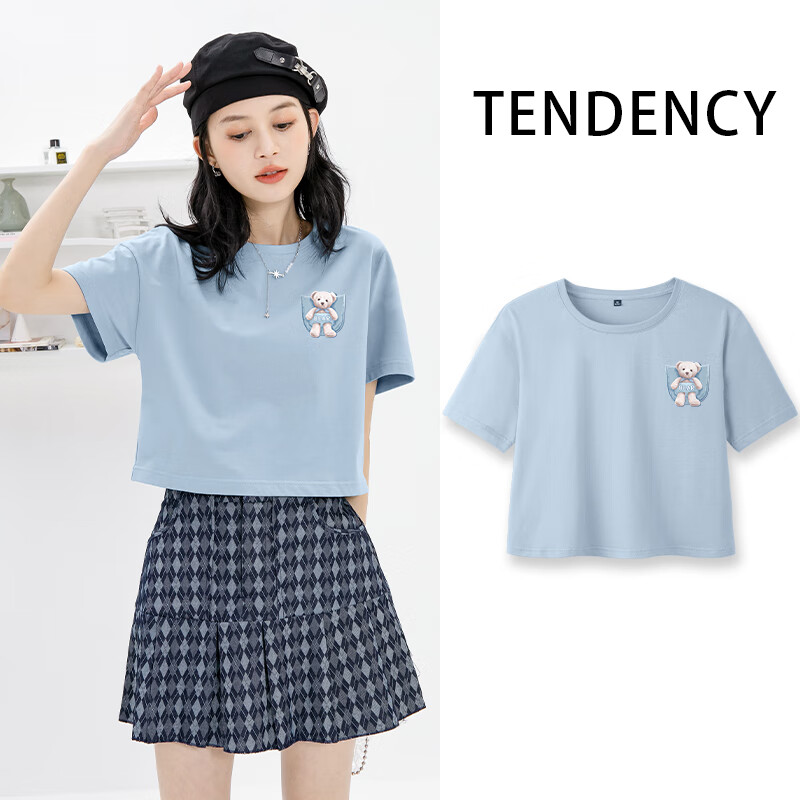 真维斯纯棉圆领短袖t恤女夏季新款短款甜酷风小个子百搭半袖上衣GX 雾霾蓝-兜兜白熊K M （建议90-100斤）