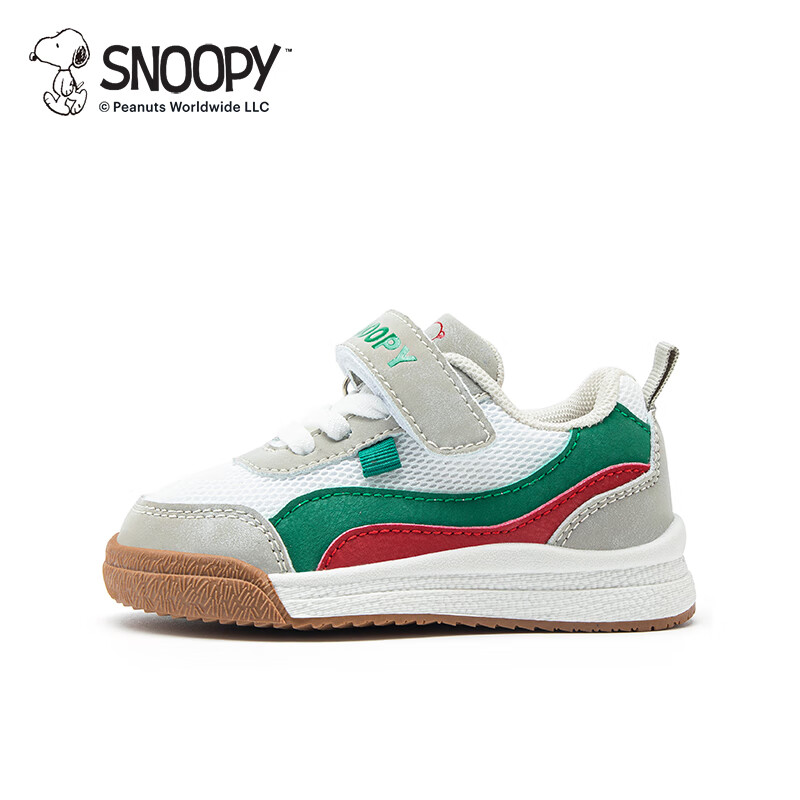SNOOPY史努比童鞋儿童跑步鞋春秋宝宝男孩女孩休闲透气缓震防踢运动鞋子 米/绿/红 30 码适合脚长17.9-18.4cm