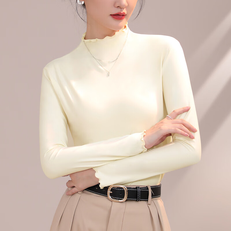 六月玫瑰 打底衣女新款双面磨毛内搭半高领打底衫秋衣女上衣2件装 杏+深咖(80-125斤) 均码