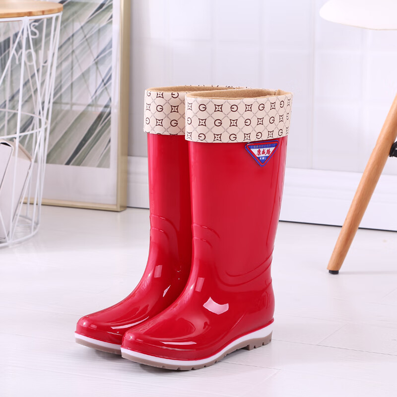 雨靴中筒水靴水鞋加绒防滑胶鞋套鞋时尚高筒雨鞋冬保暖 317高筒红色加