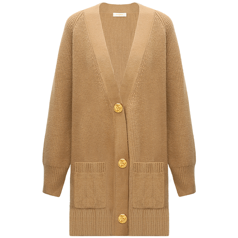 COCOBELLA[美拉德穿搭]金屬扣飾長(zhǎng)款針織開(kāi)衫女御寒保暖外套MZ546 駝色 L
