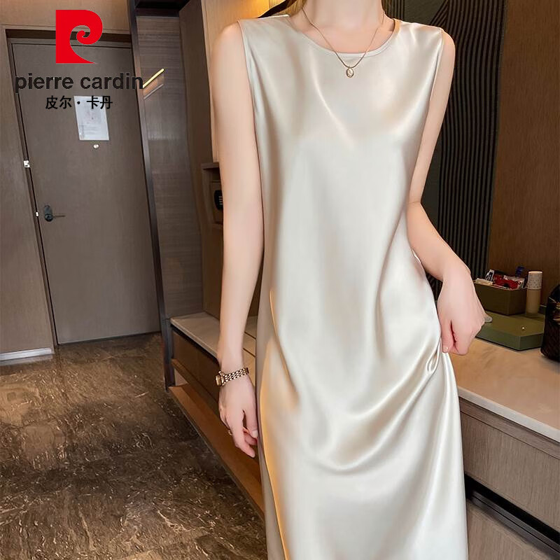 皮爾卡丹（pierre cardin）感圓領真絲吊帶連衣裙女春夏醋酸緞面中長裙內搭絲綢無袖氣質 香檳色 3XL